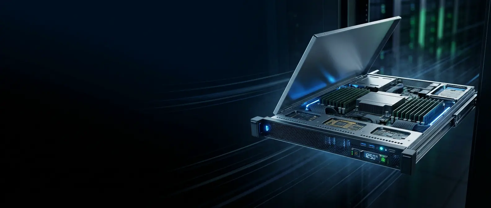 Opened Intel E-2286G dedicated server pulled out of a rack in the data center